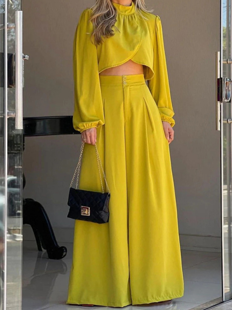 New European And American Cross border Women's Clothing 2022 Autumn Temperament Elegant Solid Color Irregular Top High Waist Wide Leg Pants Suit