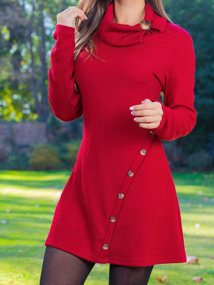 Button Sexy Package Hip Skirt Long Sleeve Short Dress