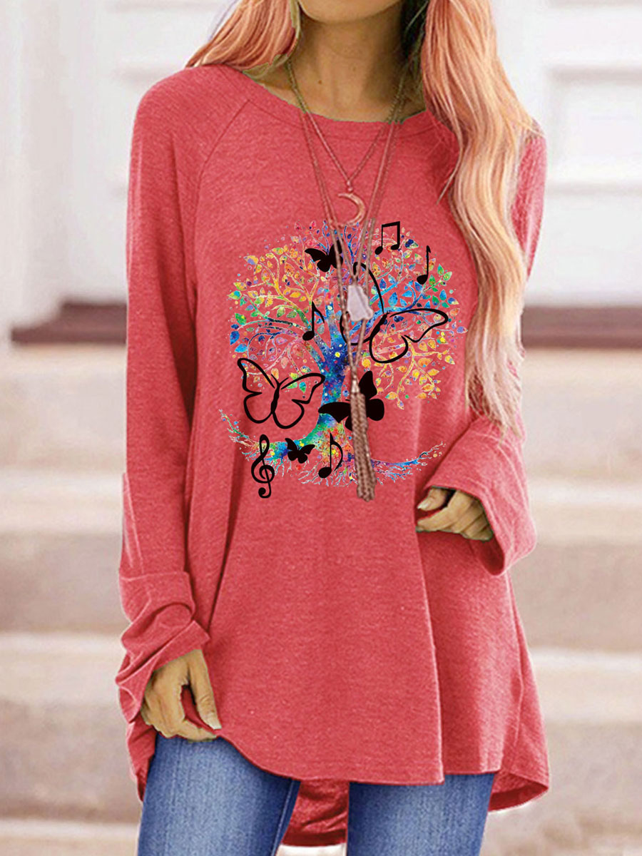 Butterfly Print Loose Crew Neck Long Sleeve T shirt