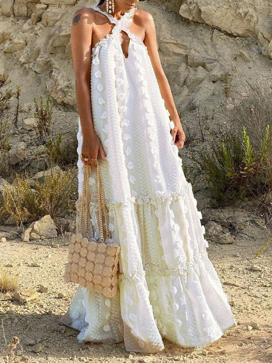 GY2200 Fashion Halter Neck Three dimensional Flower Mopping Cake Dress Cross border Exclusive Supply