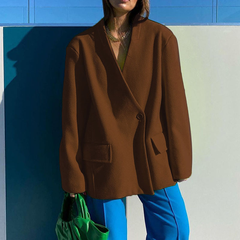 Women Solid Color Woolen Loose Suit Jacket