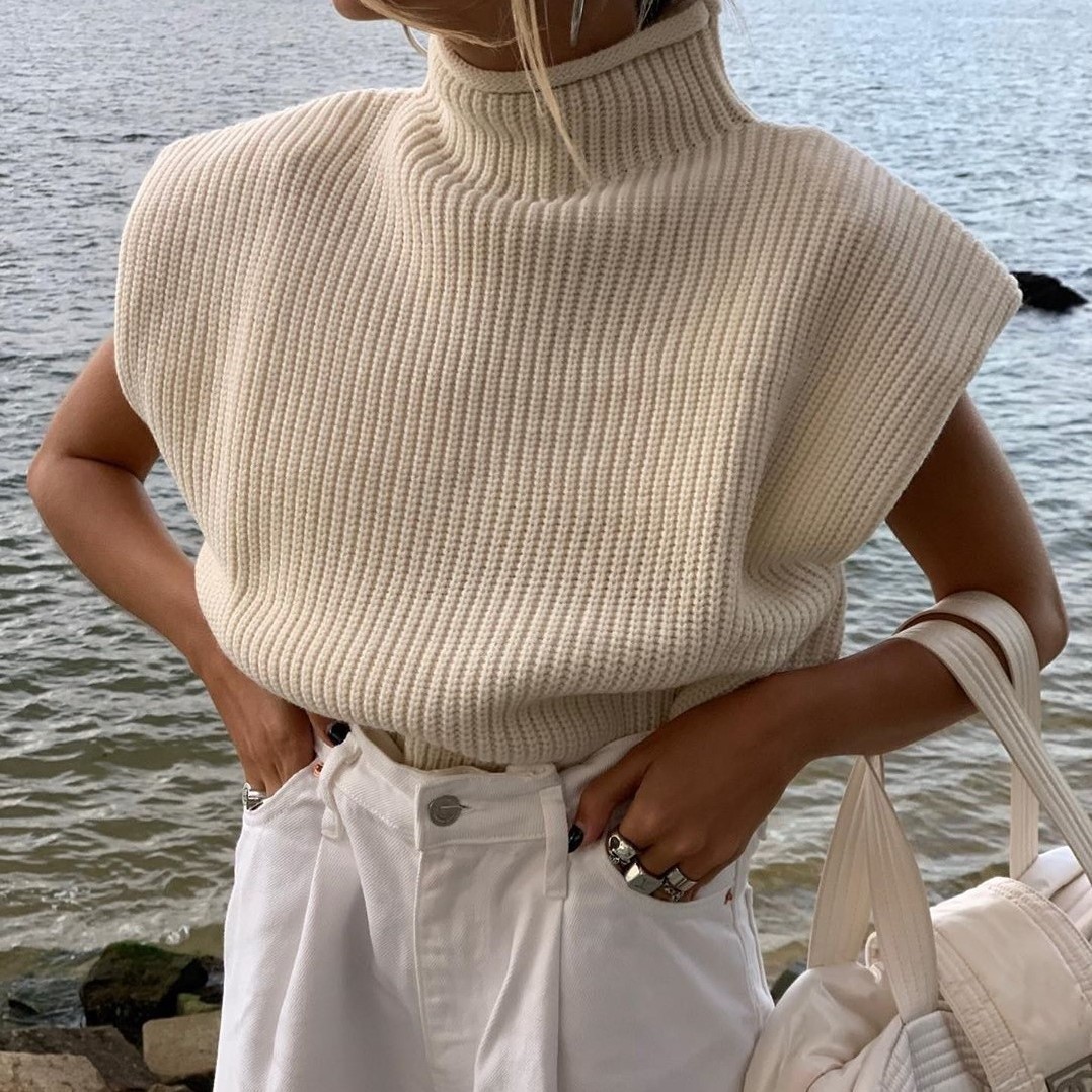 Solid Color Sleeveless Turtleneck Shoulder Pad Sweater