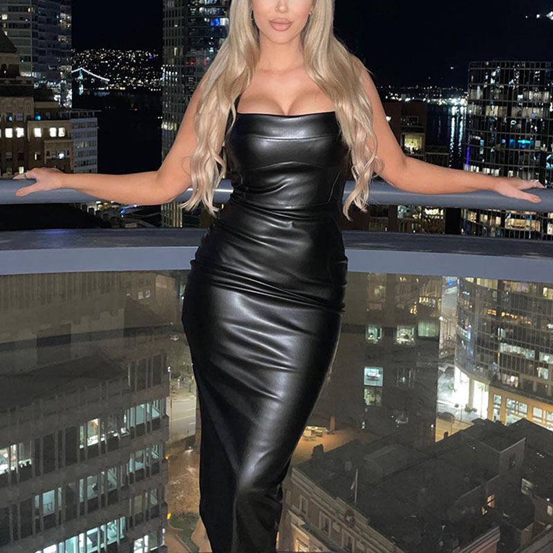 Slim Leather Vest Halter Dress
