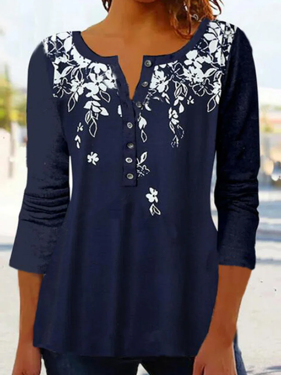 Casual Vintage Print Loose V Neck Long Sleeve T Shirt