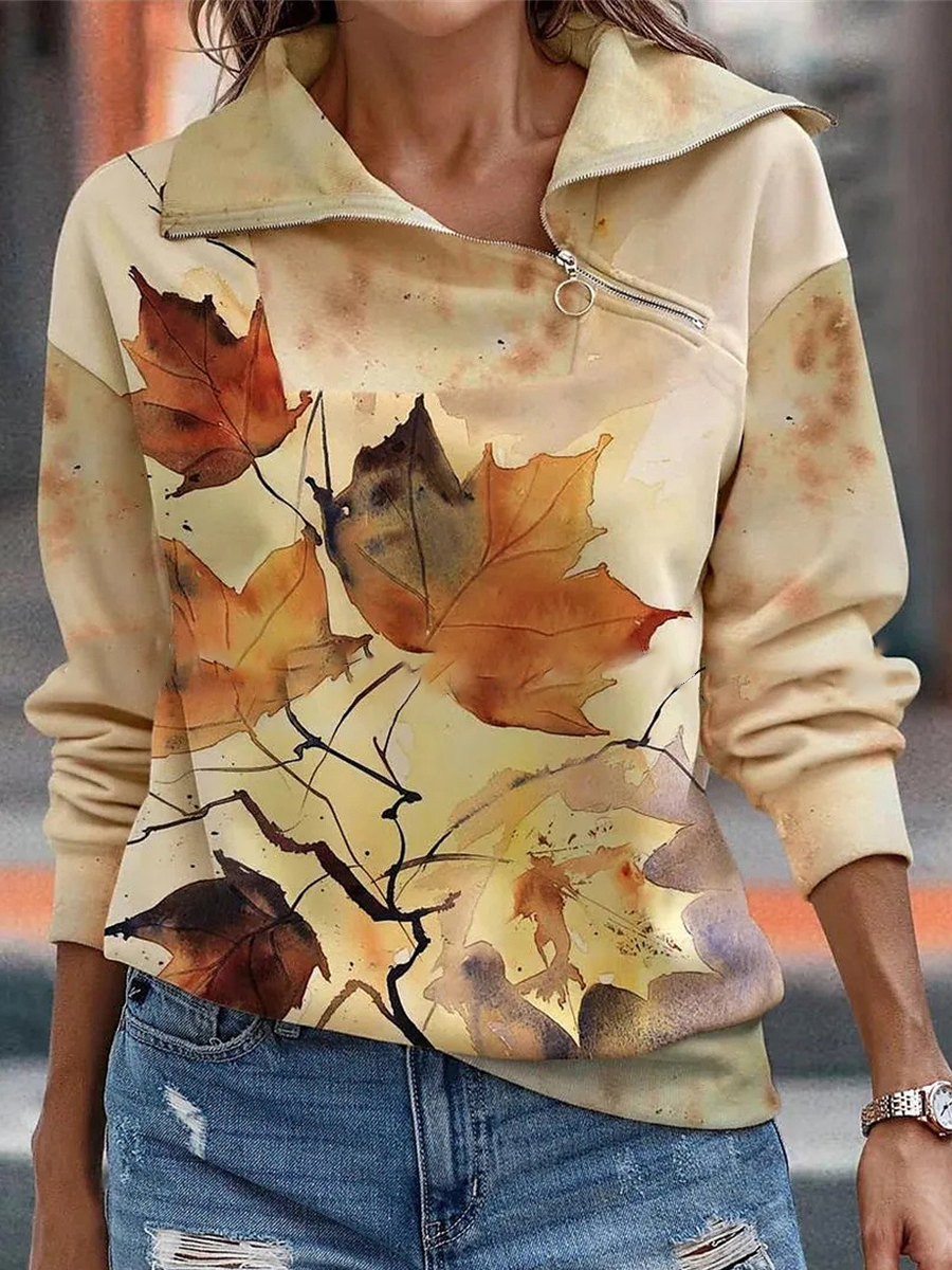 Casual Fashion Maple Leaf Print Chic Zip Long Sleeve Sweatshirt