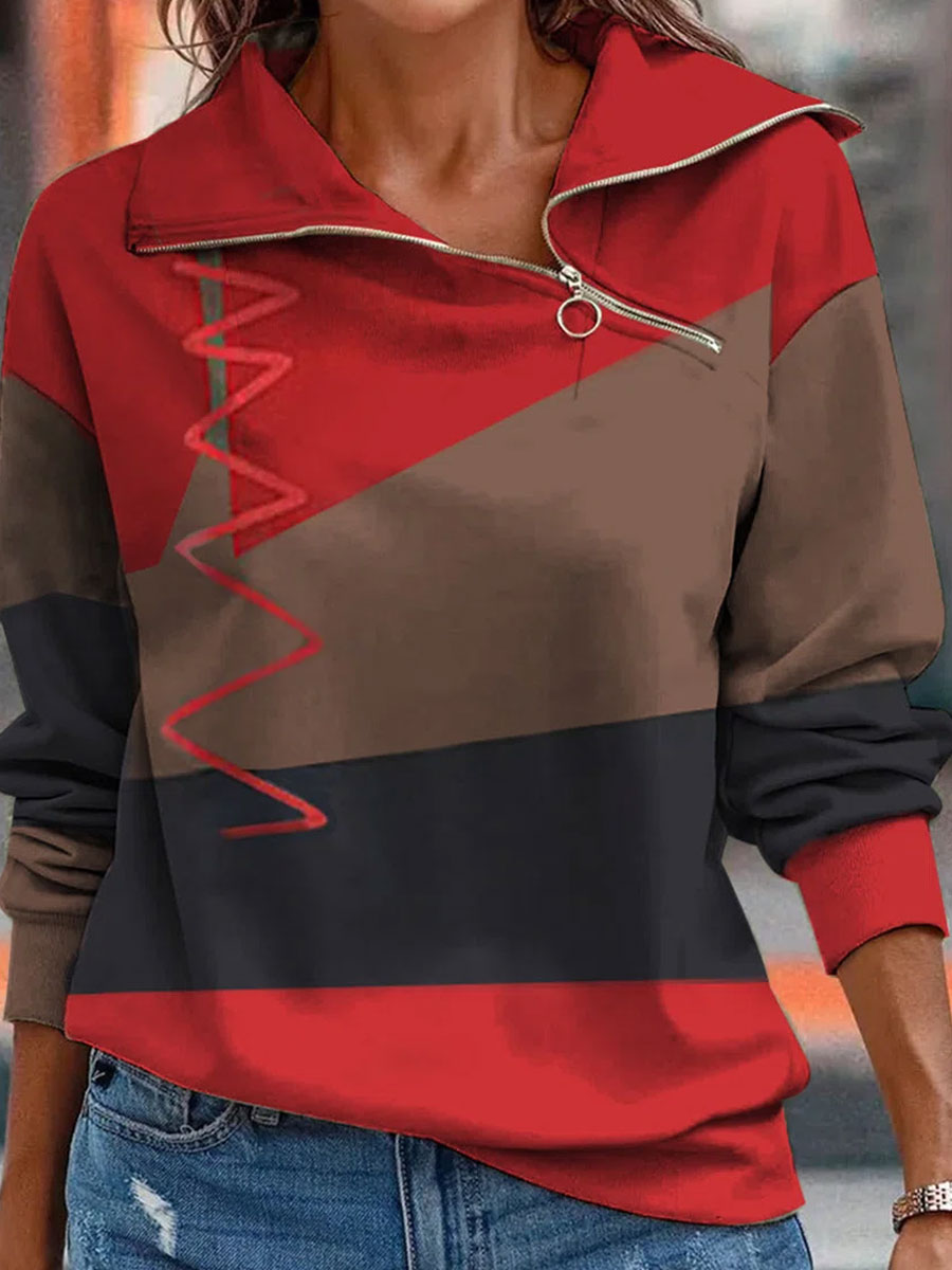 Casual Loose Color Block Zip Sweatshirt