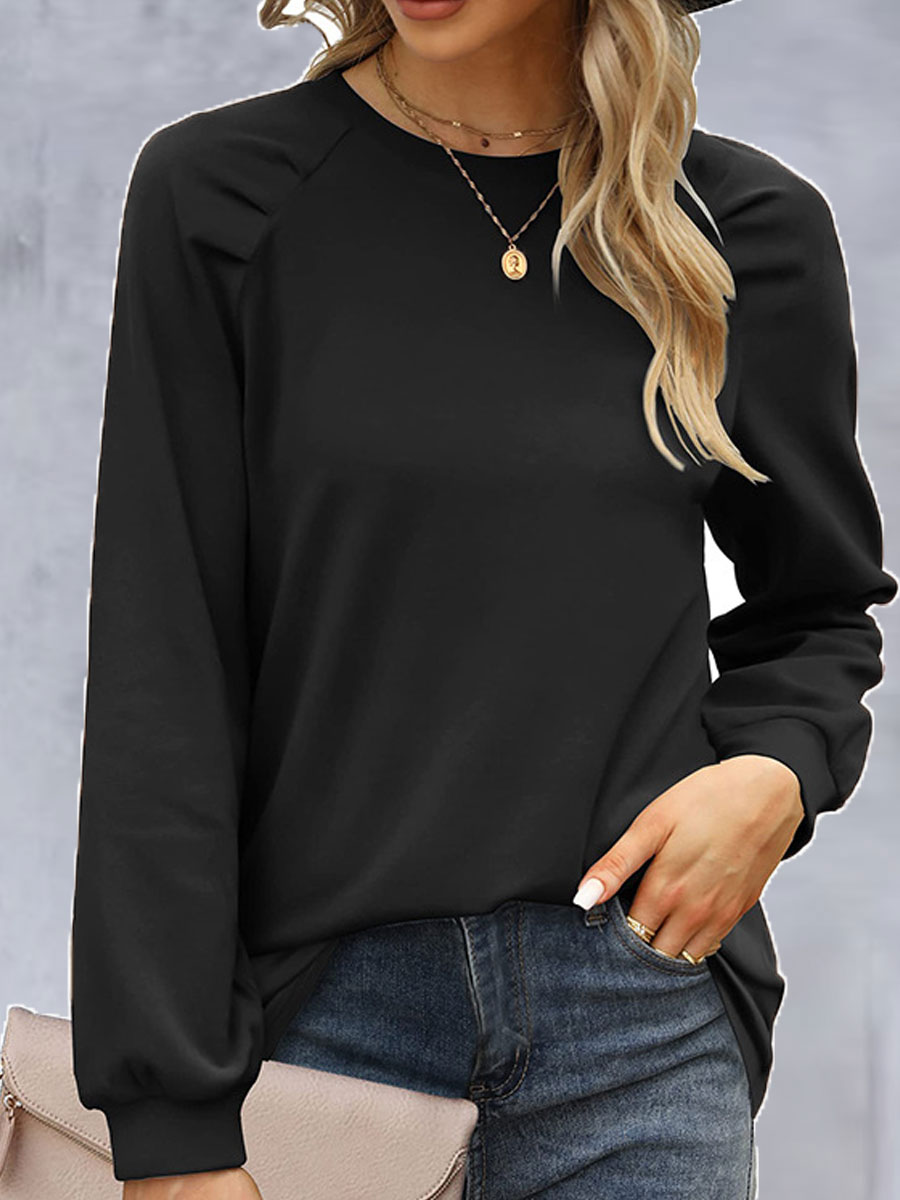 Casual Round Neck Puff Sleeve Pullover Solid Color Loose Sweater