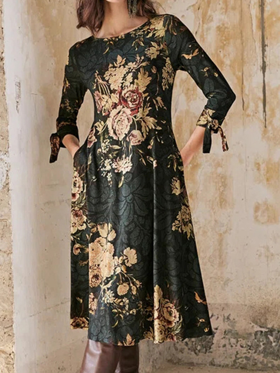 Casual Vintage Floral Print Crew Neck Party Midi Dress