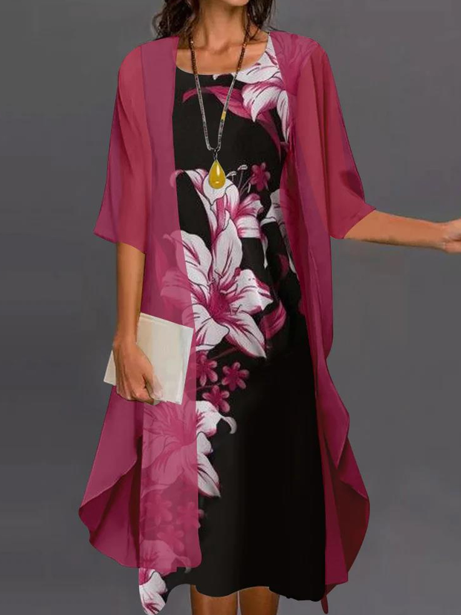 Casual Floral Print Crew Neck Two Piece Party Midi Dress