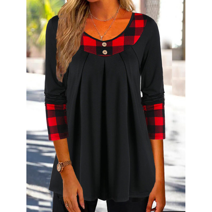 

Casual Crew Neck Check Panel Long Sleeve T-Shirt