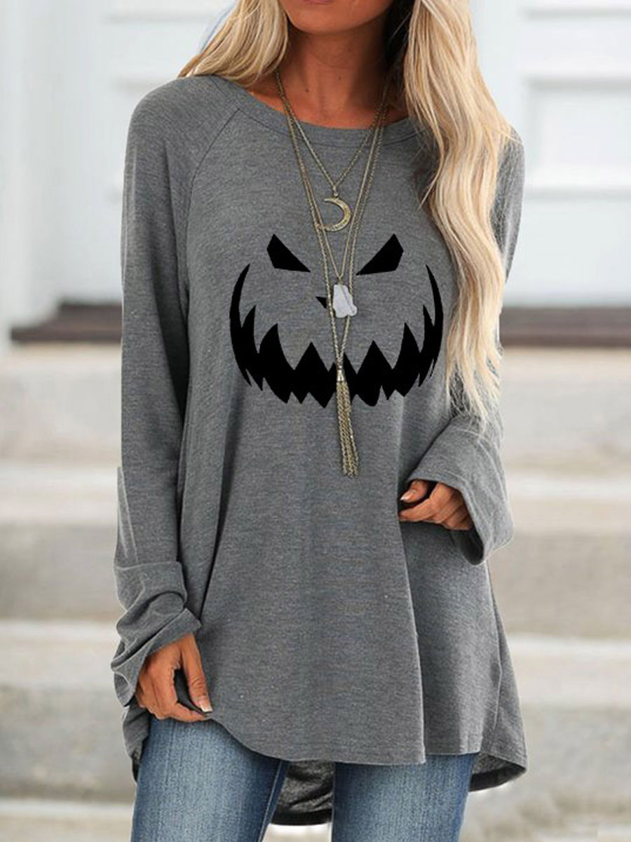 Round Neck Casual Loose Halloween Print Long Sleeve T shirt