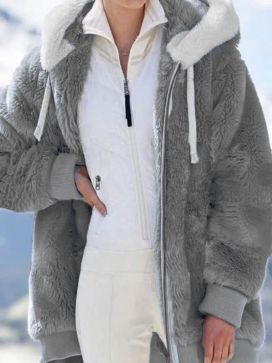 Casual Loose Cashmere Zip Start Hooded Coat