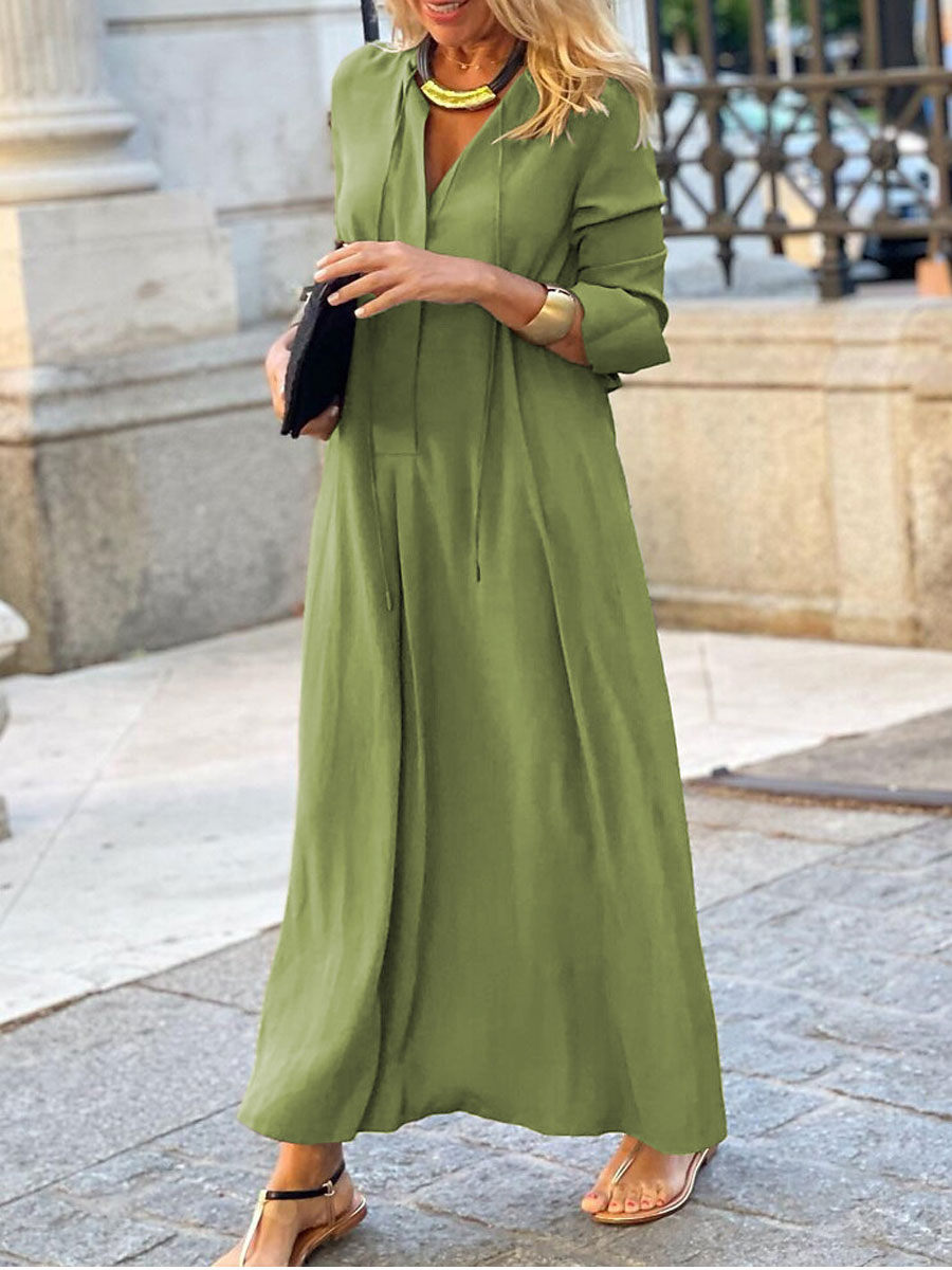 Solid Color Lapel Long Sleeve Simple Casual Shirt Swing Skirt Maxi Dress