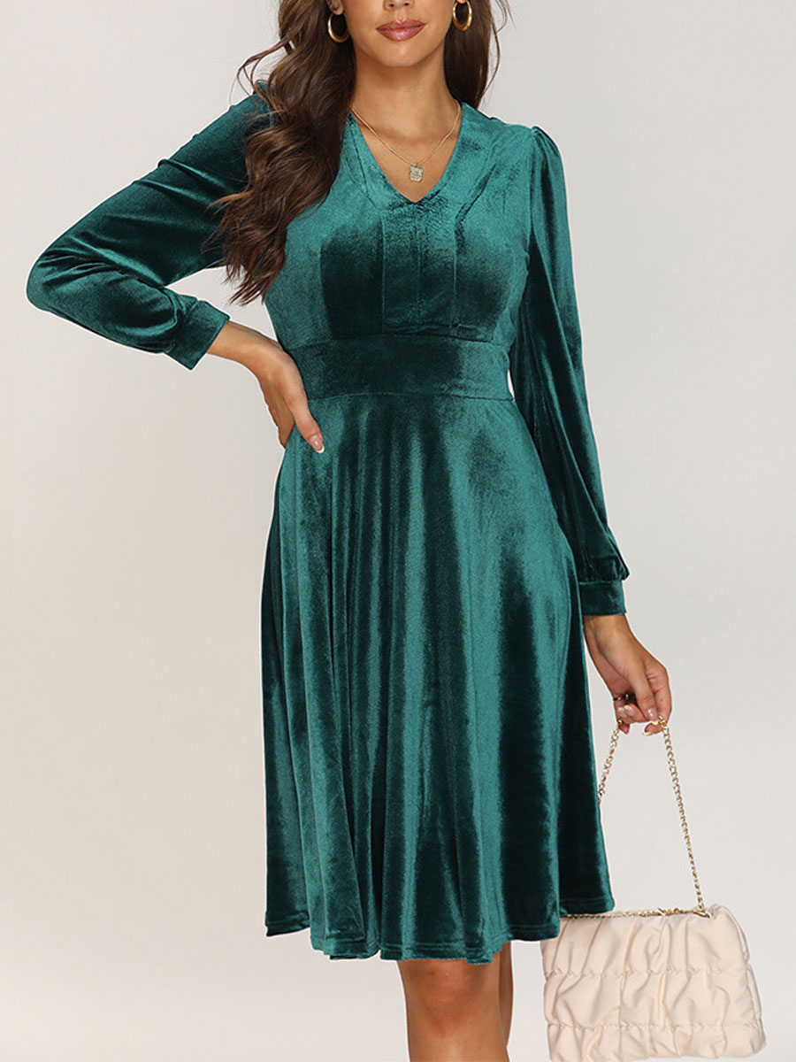 Solid V neck Long Sleeve Slim Fit Midi Dress