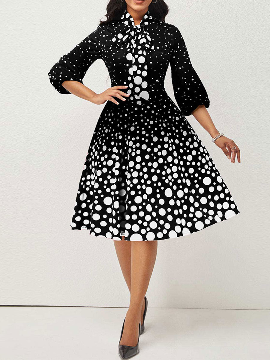 Polka Dot Print Neck Tie Swing Midi Dress