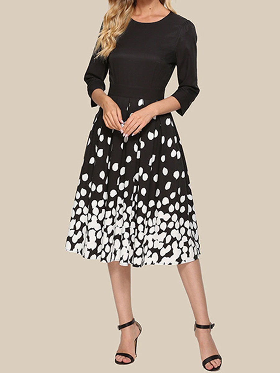 Vintage Black Print Mid Sleeve Gown Midi Dress