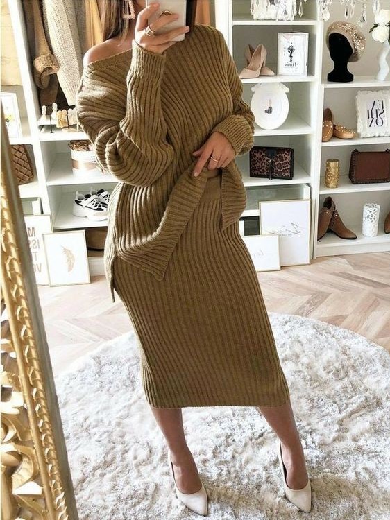 Women's Fashion Diagonal Neck Drop Shoulder Slit Skirt Threaded Knit Suit