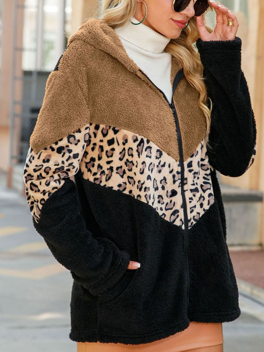 Long Sleeve Hooded Leopard Print Zip Colorblock Mid length Double Face Fleece Jacket