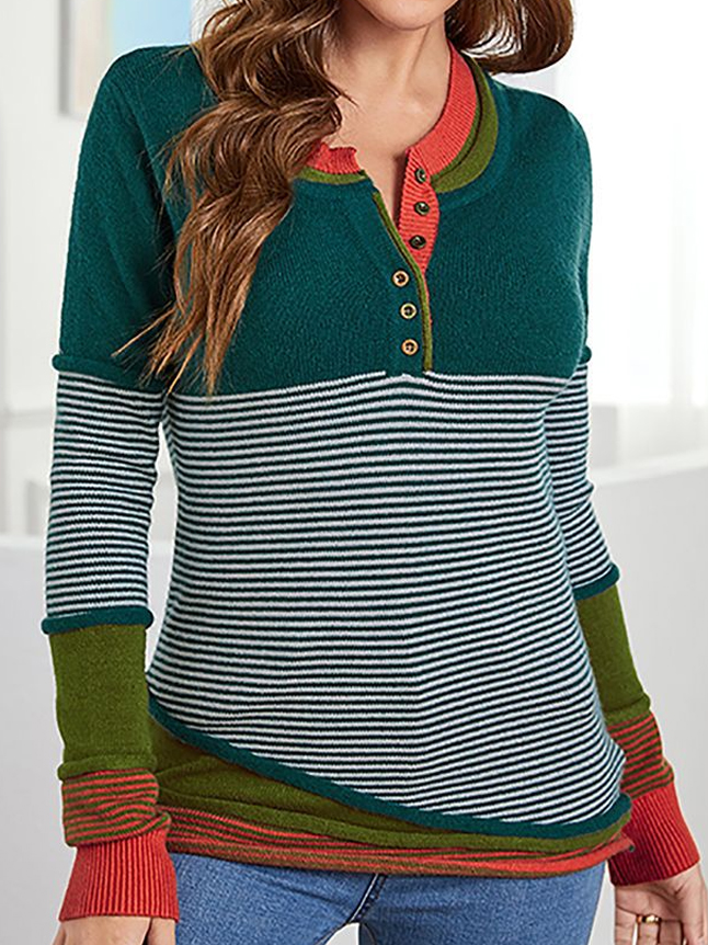 Casual Striped Colorblock Button V Neck Long Sleeve Sweater