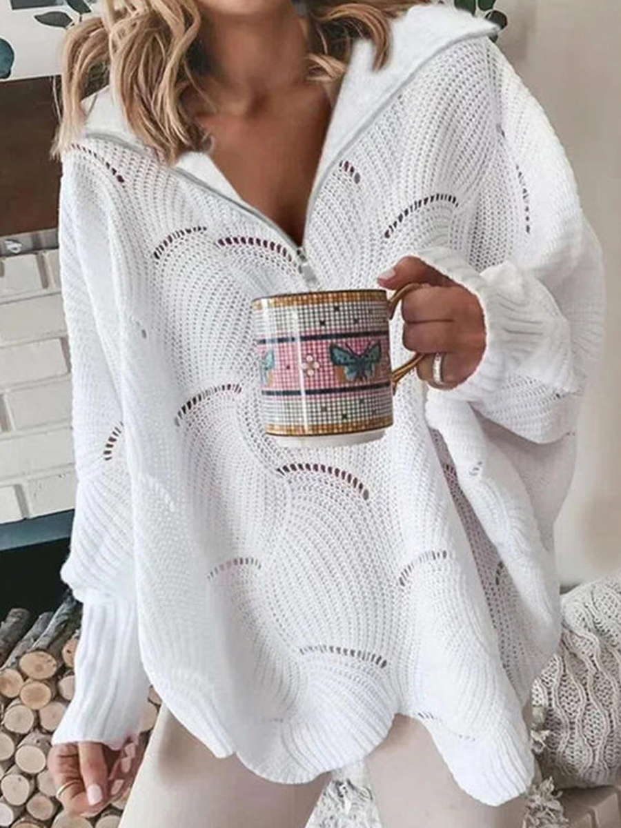 Casual Loose Solid Color Hollow V Neck Zippered Long Sleeved Sweater