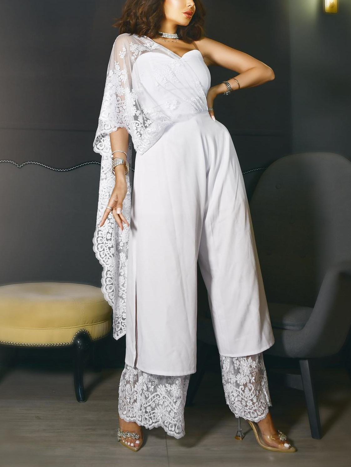Ladies Fashion Elegant Lace Patchwork Shawl High Waist Straight Jumpsuit