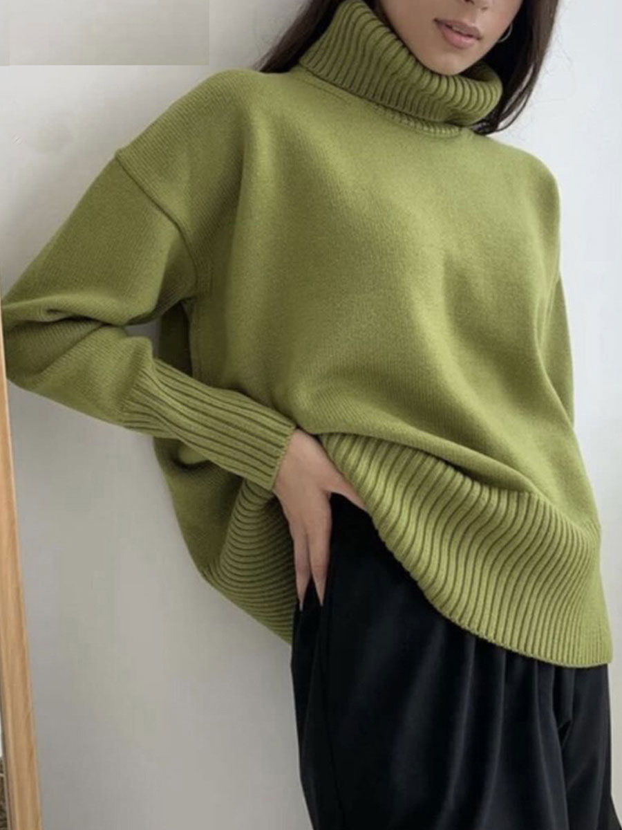 Knit Pullover Solid Color Turtleneck Loose Casual Sweater