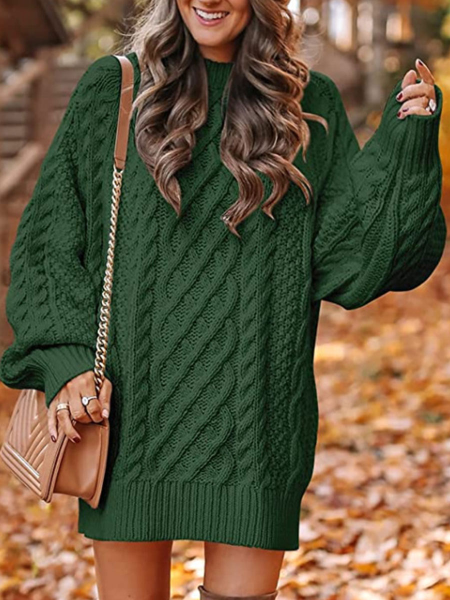 Round Neck Long Sleeve Oversized Cable Knit Chunky Pullover Short Sweater Dress