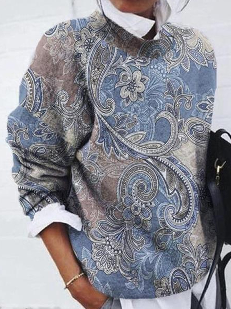 Casual Vintage Print Crew Neck Long Sleeve Sweatshirt