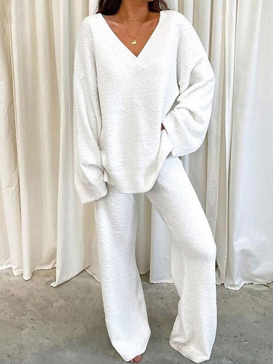 V neck Casual Loose Solid Color Lamb Wool Suit
