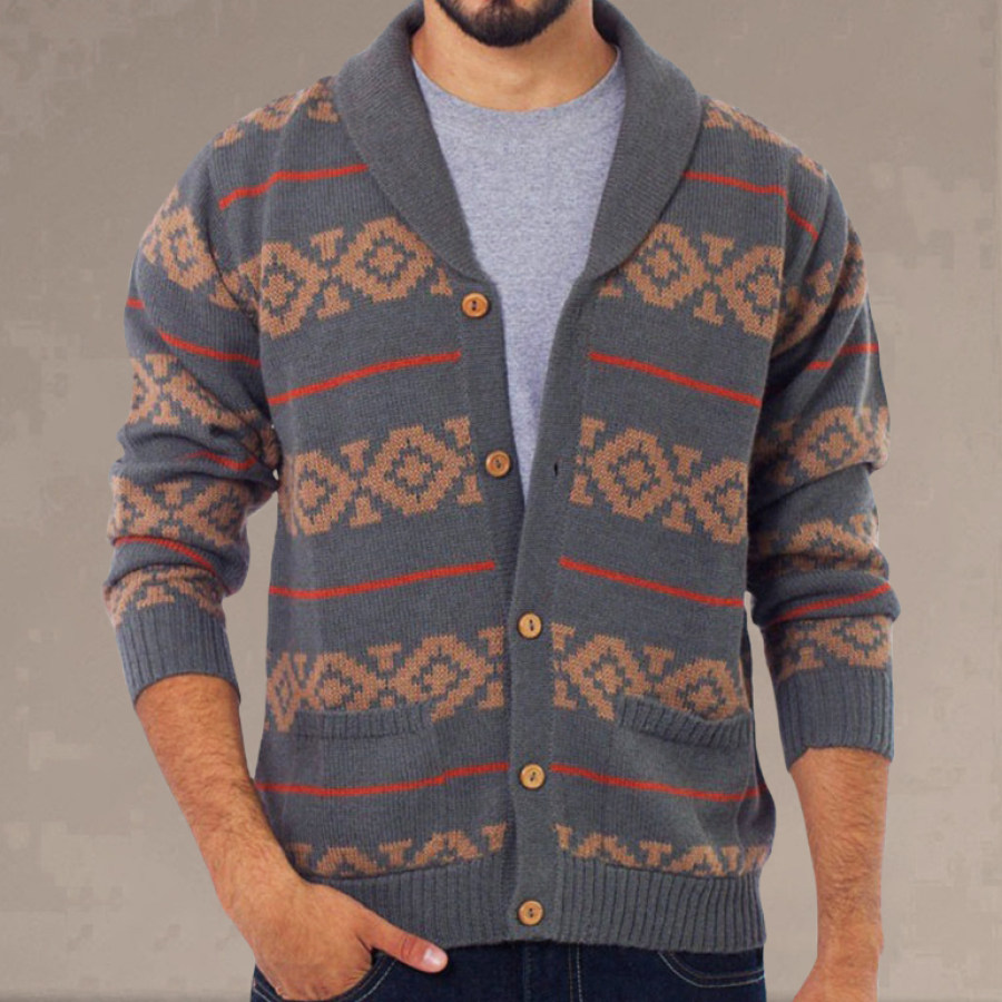 

Men's Vintage Striped Jacquard Knit Long Sleeve Cardigan