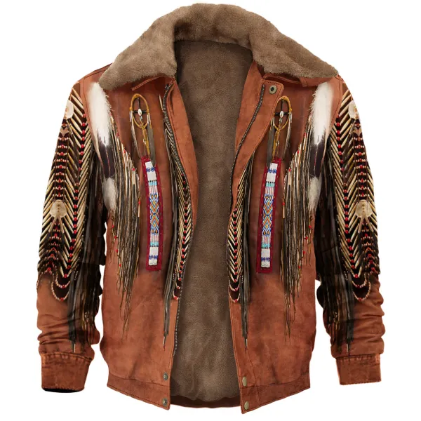 Retro American Western Ffeather Fringed Denim Jacket Print Unisex Deluxe Outerwear - Sanhive.com 