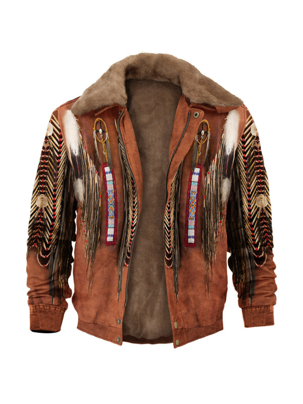 Retro American Western Ffeather Fringed Denim Jacket Print Unisex Deluxe Outerwear