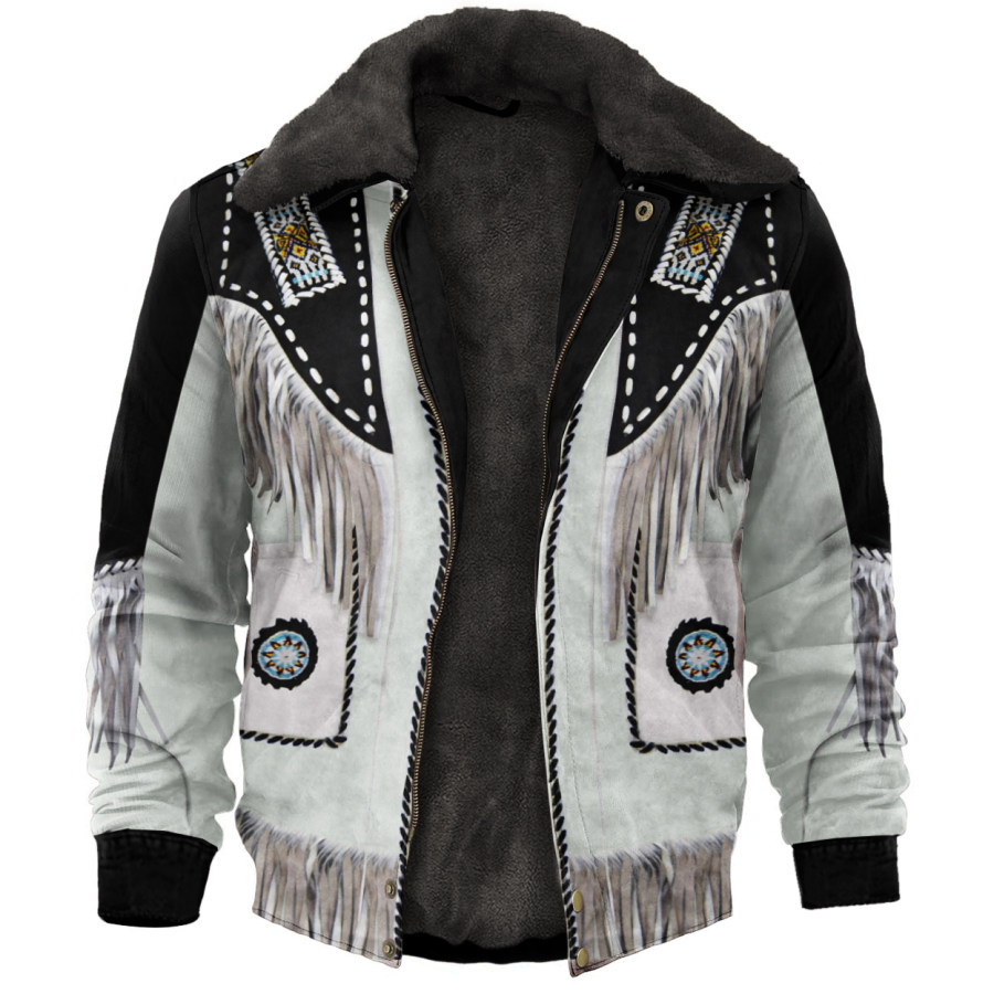 

Retro American Western Fringed Denim Jacket Print Unisex Deluxe Outerwear
