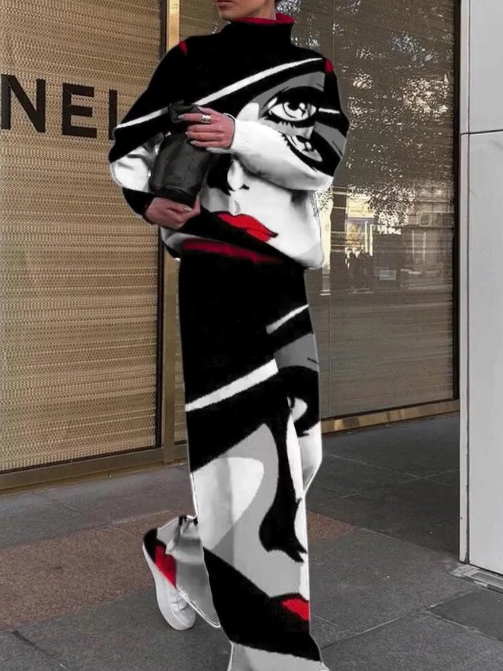 Ladies Elegant Fashion Abstract Lines Festive Casual Party Long Sleeve Pants Set