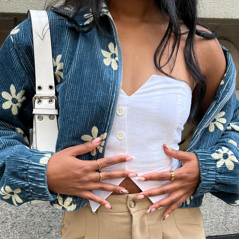 Women Vintage Floral Printed Corduroy Jacket