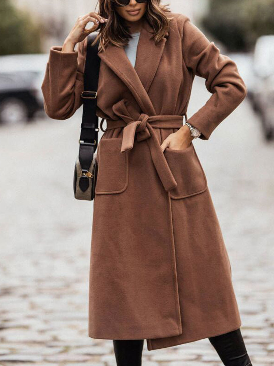 Autumn And Winter Simple Double breasted Long sleeved Lapel Button Wool Coat