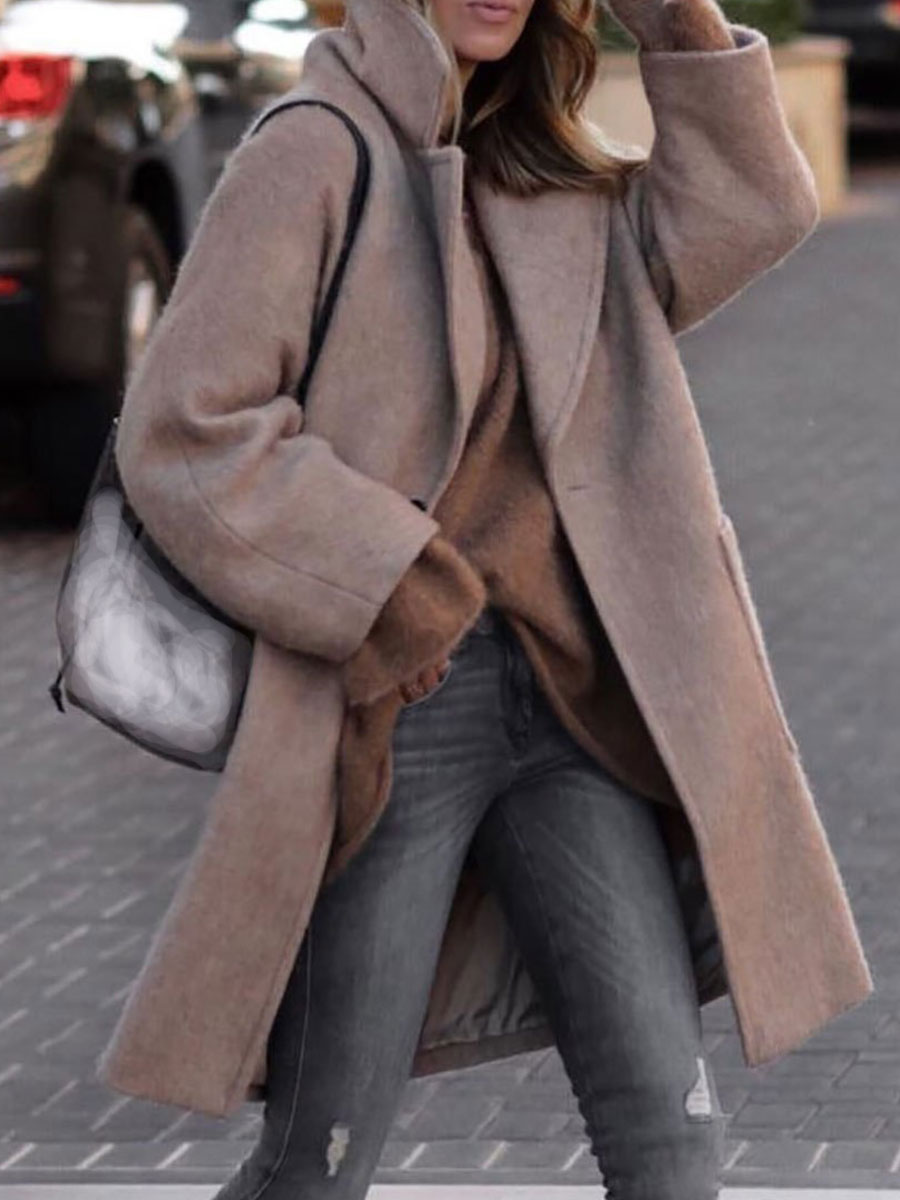 Solid Color Suit Collar Plaid Brown Woolen Coat