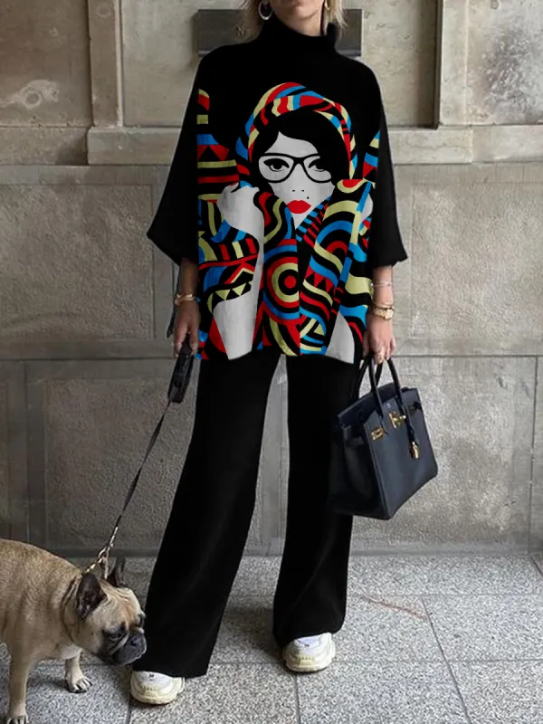 Ladies Fashion Elegant Painted Face Print Straight Set - Anystylish.com 