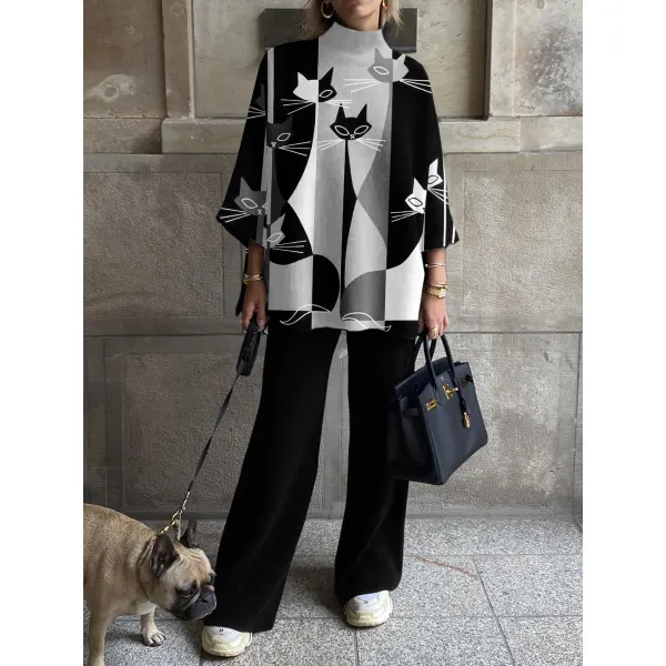 Women's Fashion Black And White Grey Kitten Print Crew Neck 3/4 Sleeve Suit - Seeklit.com 
