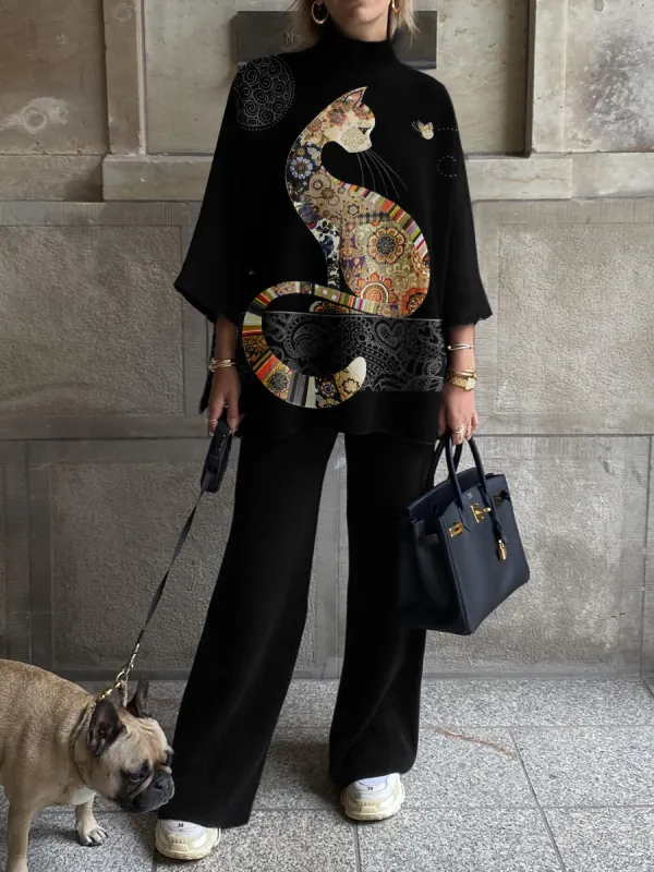 Women's Fashion Vintage Print Animal Print Crew Neck 3/4 Sleeve Set - Anystylish.com 