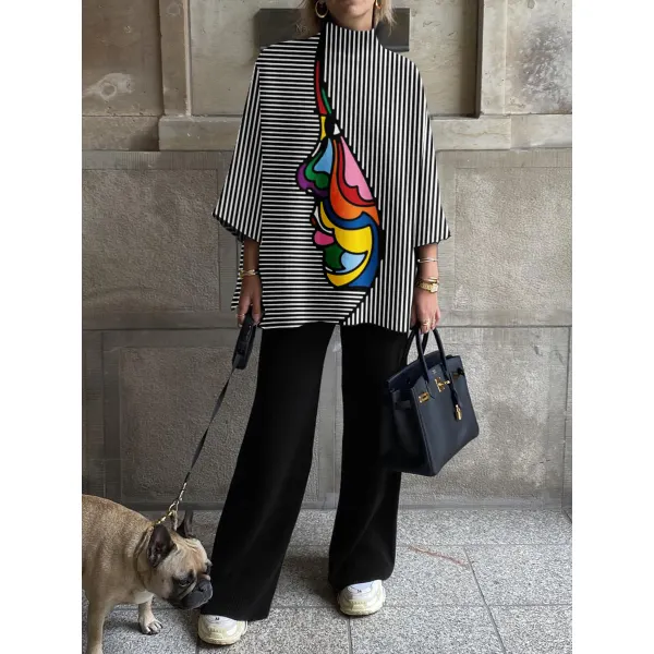 Women's Trendy Striped Patchwork Face Print Casual Straight Suit - Seeklit.com 