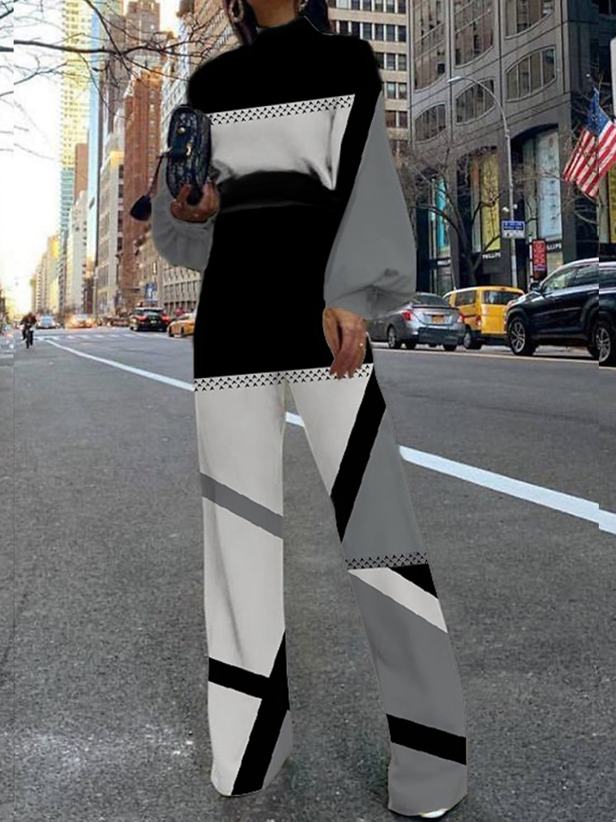 Ladies Elegant Fashion Dinner Party Party Balloon Sleeve Contrast Half Turtleneck Jumpsuit