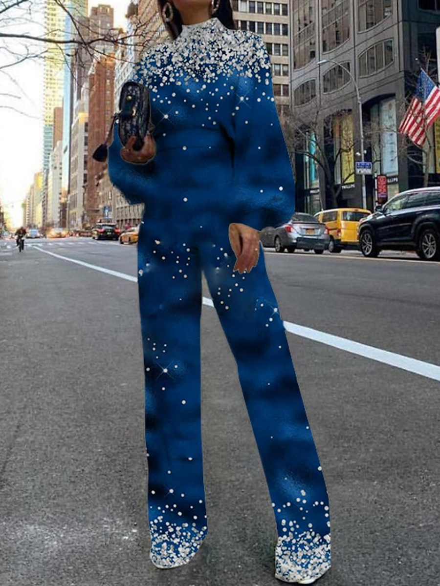 Ladies Elegant Fashion Dinner Party Party Balloon Sleeve Printed Half Turtleneck Jumpsuit