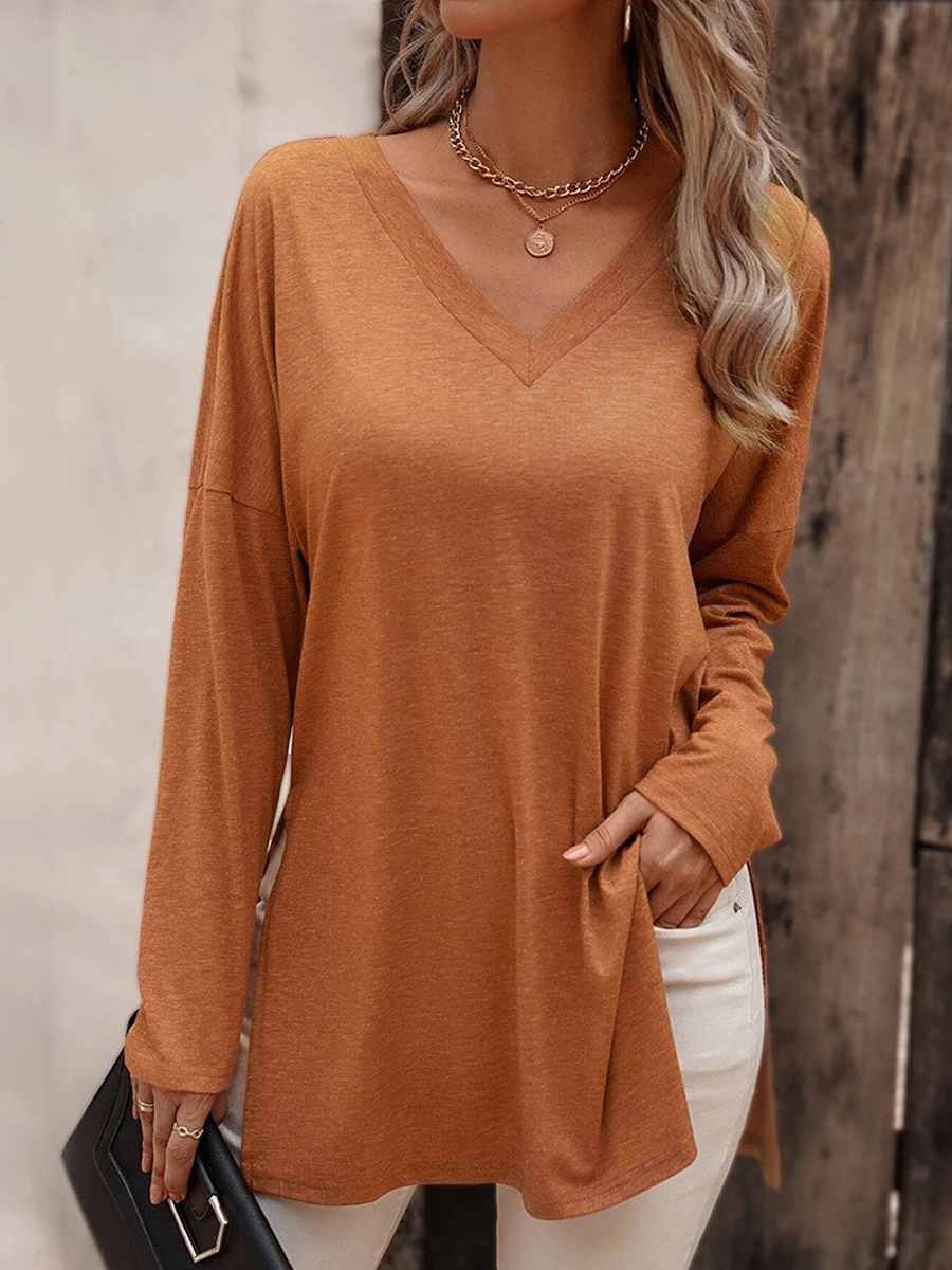 Basic Loose Solid Color V Neck Long Sleeve T Shirt