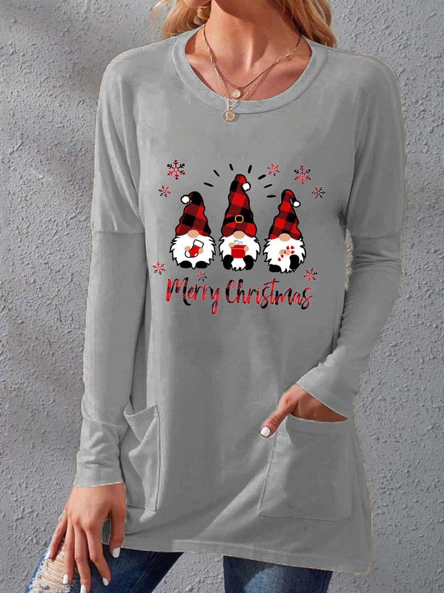 Casual Santa Print Crew Neck Pocket Long Sleeve T Shirt