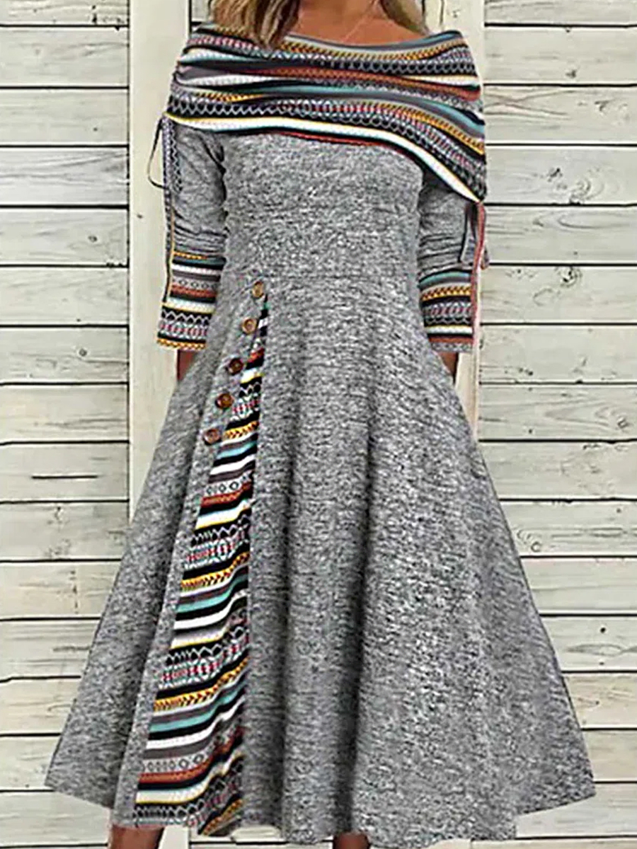 Casual Vintage Print Panel Chic Long Sleeve Midi Dress