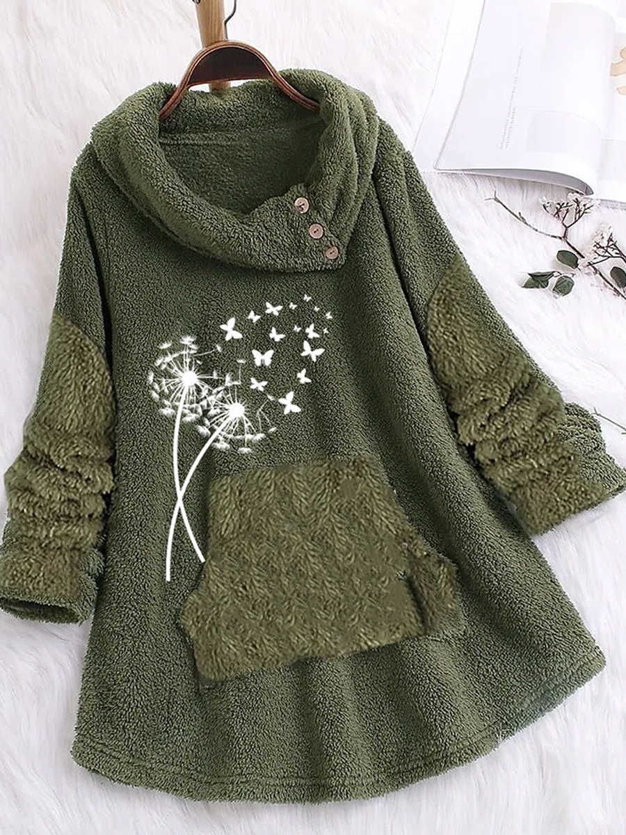 Casual Print Long Sleeve Plush Thermal Coat