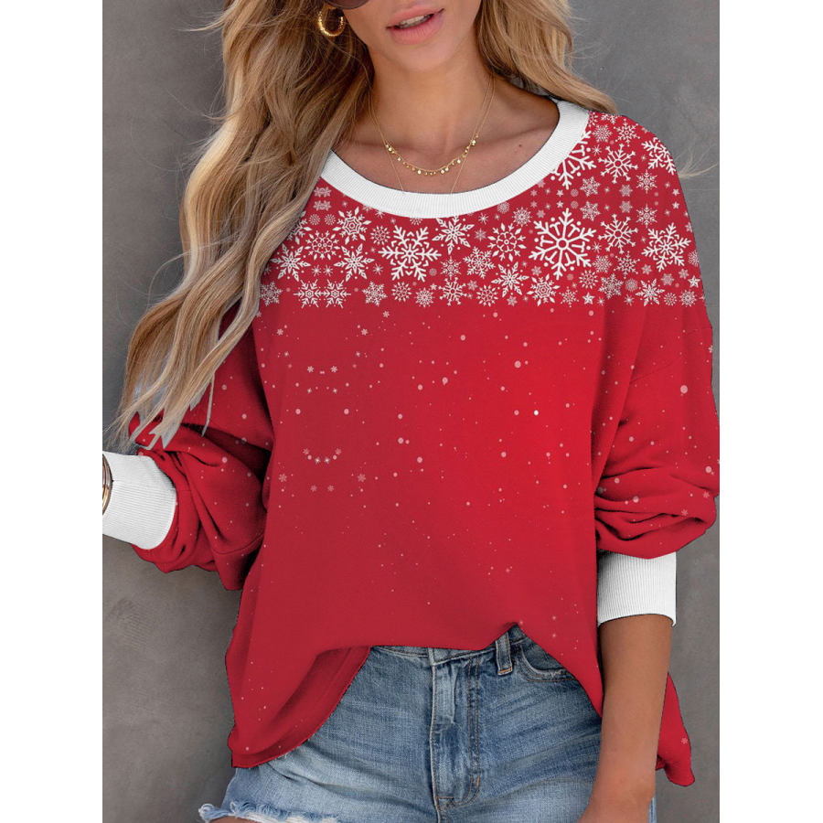 

Round Neck Casual Loose Snowflake Print Sweatshirt