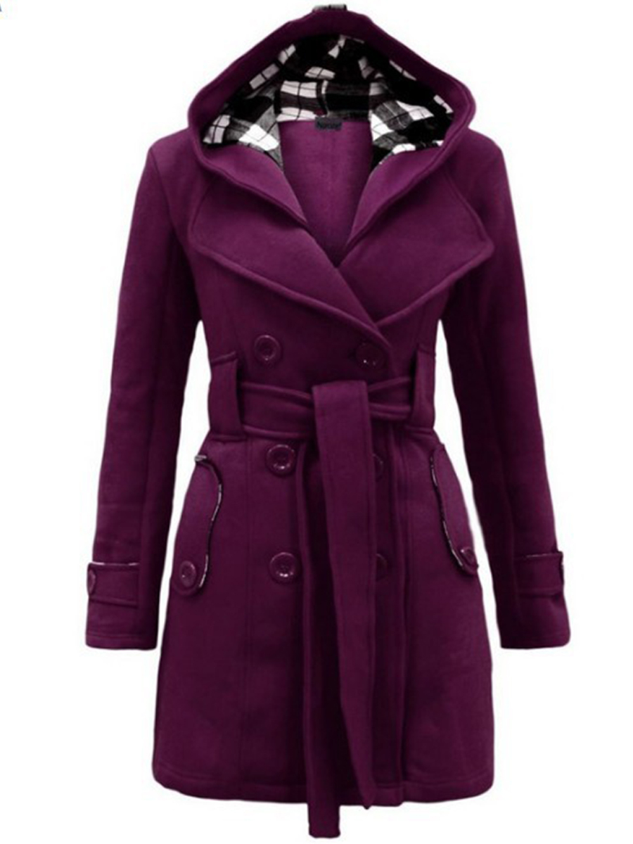 Checked Hooded Woolen Coat With Long Belt