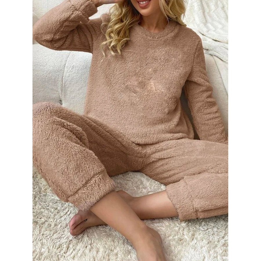 

Casual Solid Color Plush Crew Neck Warm Home Set